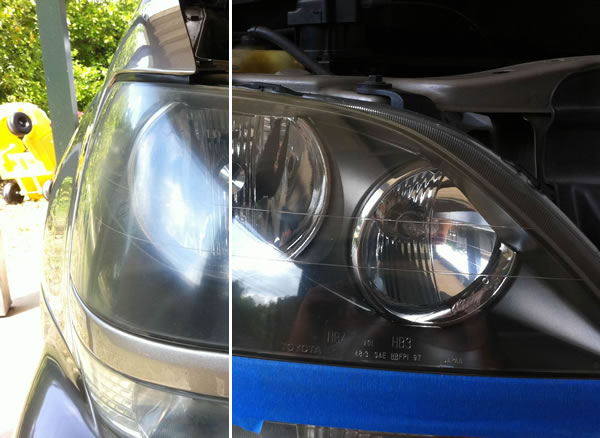 A comparison of the before and after headlight polishing